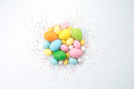 colorful Easter eggs lie on a light background.