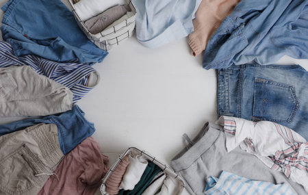 A group of organic cotton clothing set on a white table is ready to be folded into white baskets The...