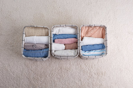 A group of clothes made of organic cotton, neatly folded in baskets for storing underwear .The concept of closet organization. Colors in the Scandinavian style.の写真素材