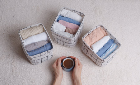 The woman carefully folds the clothes and puts them in baskets and boxes. Minimalism in the Scandinavian style.の写真素材