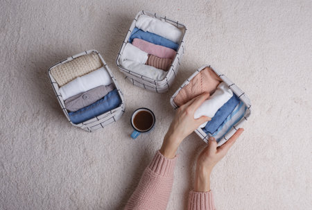 The woman carefully folds the clothes and puts them in baskets and boxes. Minimalism in the Scandinavian style.の写真素材