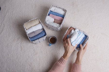 The woman carefully folds the clothes and puts them in baskets and boxes. Minimalism in the Scandinavian style.の写真素材