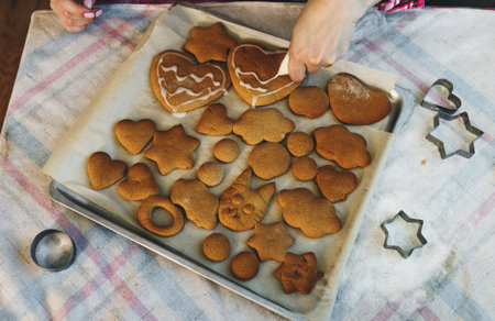 the girl is decorated with white frosting Christmas ginger cookies. Preparing for the New Yearの写真素材