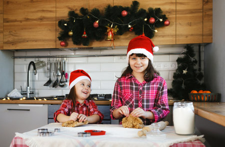 two teenage girls in Christmas hats are making ginger cookies out of dough and laughing merrilyの写真素材