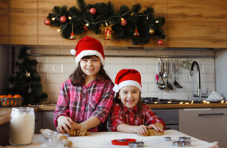 two teenage girls in Christmas hats are making ginger cookies out of dough and laughing merrilyの写真素材