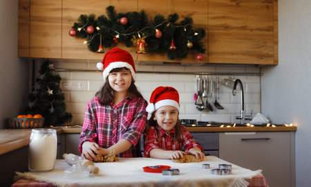 two teenage girls in Christmas hats are making ginger cookies out of dough and laughing merrilyの写真素材
