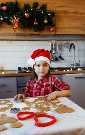 a girl in a red shirt and a Christmas hat is cooking ginger cookies in the kitchen.の写真素材