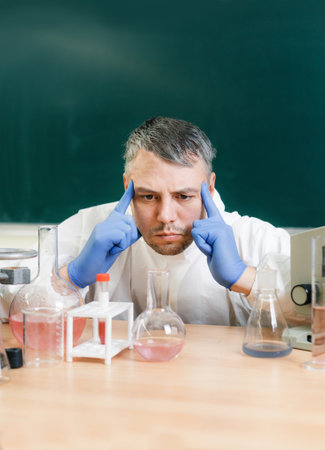A young chemist in the laboratory thought about looking at the flasks with chemical reagents.の写真素材