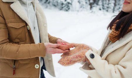 a guy gives a gift to a girl in a snow-covered forest. Surprise for Valentines Dayの写真素材