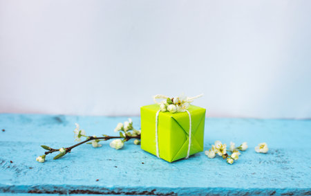 gift box in light green color on a blue spring background. Spring composition.の写真素材