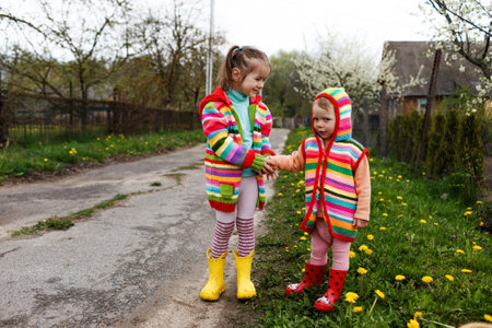 two little girls in bright clothes hold each other's hands among the yellow dandelions. Happy childhood.の写真素材