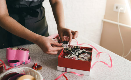 the girl packs the cakes in colorful gift boxes. Preparing for the celebrationの写真素材