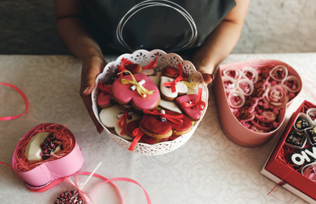 a woman's hands hold a vase of colorful heart-shaped cookies in close-up. Gifts for Valentine's Day. Preparations for the holiday.の写真素材