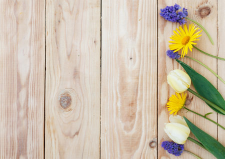 yellow spring flowers are laid out on a wooden background. Top view.の写真素材