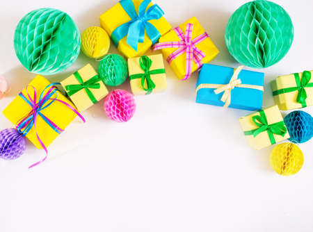 lots of colorful boxes on a white background.の写真素材