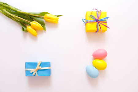 yellow tulips gift boxes, on a white background, top viewの写真素材
