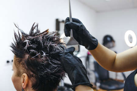 a hairdresser applies paint to the hair of a clients woman in a beauty salon. Close-up.の写真素材