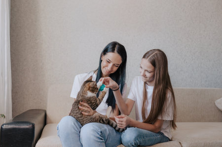 Beautiful mother with her daughter. The family is sitting in the room. A woman plays with a kitten.の写真素材