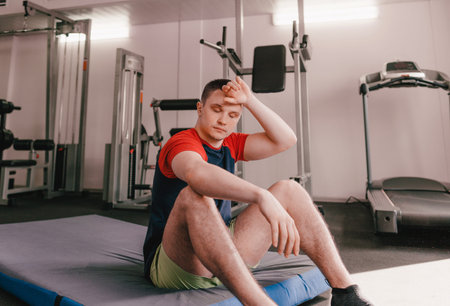 a young tired athlete sits on the gym floor and wipes sweat with his hand after a workout. healthy...