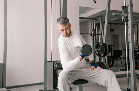 a man with a tense face lifts dumbbells while sitting on a bench in the gym. beginner bodybuilding. intensive training sessionsの写真素材