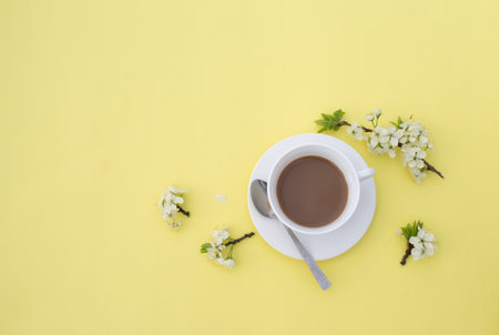 a white cup with cocoa on a yellow background, branches of a flowering apple tree. Top view. the...