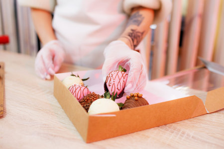 a pastry chef girl packs a large strawberry in chocolate into a box
