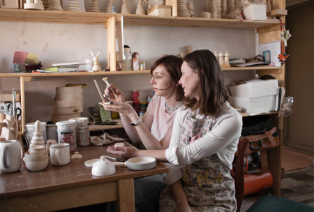 two artisan girls are sitting at a table in the workshop painting wooden toys