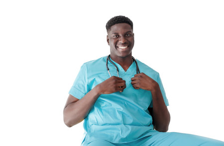 portrait of an African-American doctor in a turquoise uniformの写真素材