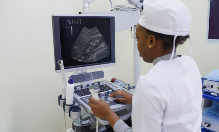 An African-American girl doctor sits behind a new upgraded ultrasound machine for body organs