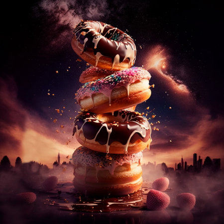 a tower of donuts covered with icing on a dark backgroundの写真素材
