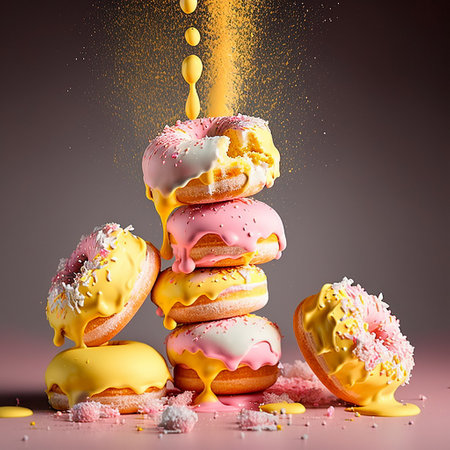 a tower of frosted donuts on a pink backgroundの写真素材