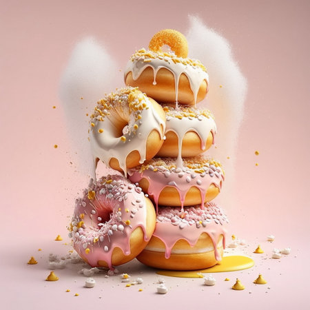 a tower of frosted donuts on a pink backgroundの写真素材