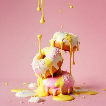 a tower of frosted donuts on a pink backgroundの写真素材