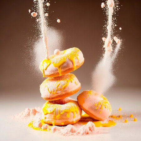 a tower of frosted donuts on a pink backgroundの写真素材