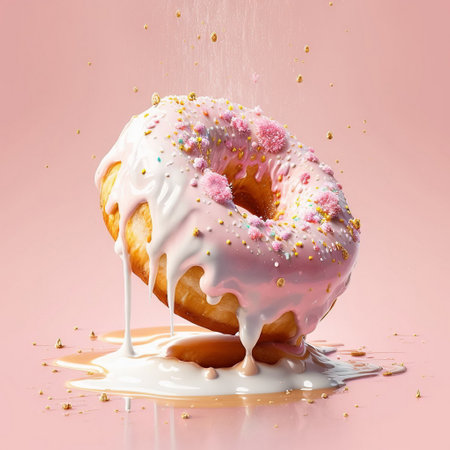 donut in chocolate glaze on a pink backgroundの写真素材