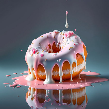 donut in chocolate glaze on a blue backgroundの写真素材