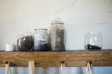 Glass jars with a lid for food. keeping. Containers with bulk products.の写真素材