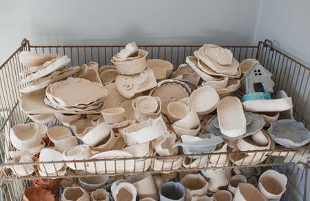 There are a lot of different clay dishes that are ready for baking.の写真素材