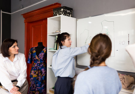 A group of women Designer-seamstress discuss a sketch in a sewing workshop. The concept of creating clothes.の写真素材
