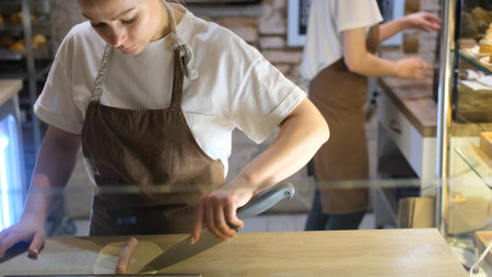 a female chef in a restaurant cooks sausages in doughの写真素材