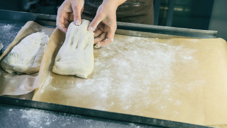 cook to form raw dough on parchment paper for further bread preparationの写真素材
