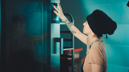 the baker girl touches the oven control panel with her fingerの写真素材