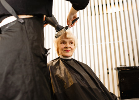 Portrait of an elderly woman visiting a professional hairdresser. An experienced hairdresser does hair styling for a clientの写真素材
