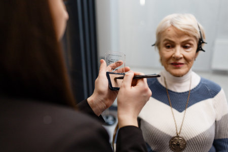 An elderly woman visiting a professional makeup artist. An makeup experienced artist does makeup for...