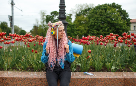 a girl with headphones and pink hair travels around the city with a backpack on her shoulders.の写真素材
