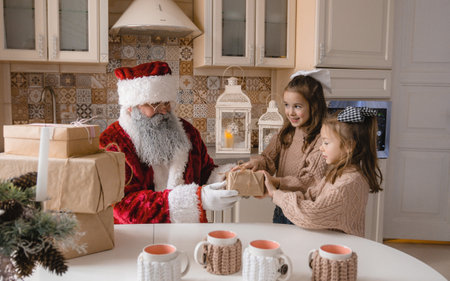 Santa Claus delivers Christmas cheer in a charming kitchen setting. Two adorable girls excitedly receive gifts, creating a heartwarming holiday memory. Perfect for Christmas cards, websites, and social media.の写真素材