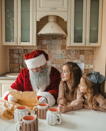 Santa Claus reads Christmas wishes from two adorable girls in a cozy kitchen. This heartwarming scene is perfect for holiday cards, websites, and social media. A magical Christmas momentの写真素材
