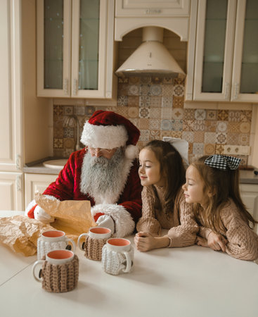 Santa Claus reads a letter with two excited girls in a cozy kitchen setting. Warm lighting and festive atmosphere create a heartwarming Christmas scene. Knitted mugs add a touch of handmade charm.の写真素材