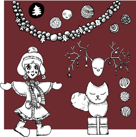 Vector New year illustration, set Christmas elements. Doodle drawing. . Black and white. Antistressのイラスト素材