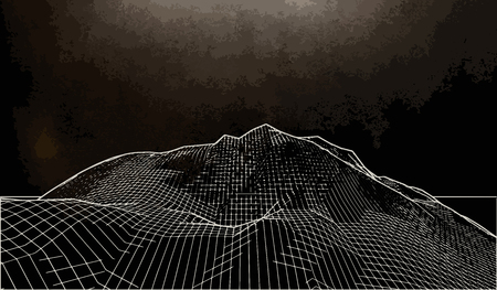 Vector illustration of a three-dimensional wireframe landscape on a black background. Abstract mountain in low polygonal styleのイラスト素材